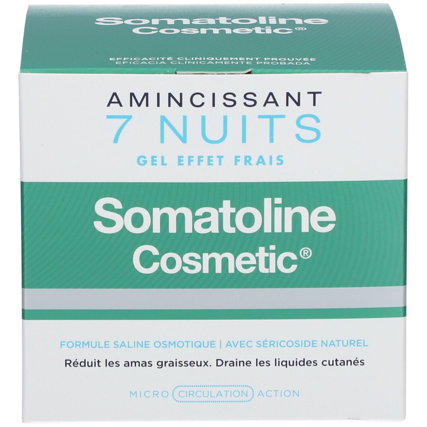 Emballage du produit. Inscription: Somatoline Cosmetic, 7 Nuits, amincissant, gel frais.