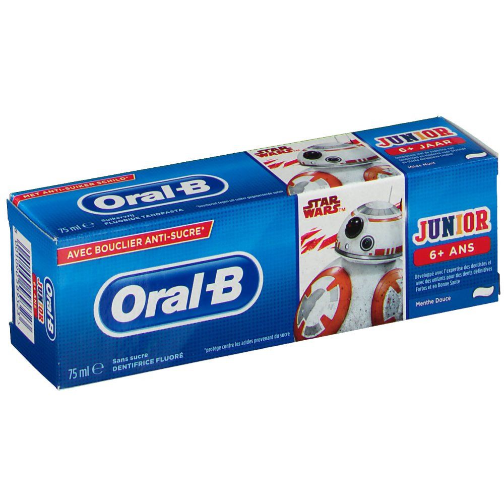 Boîte bleue et blanche Oral-B Junior 6+ avec BB-8 de Star Wars. Contient du dentifrice.