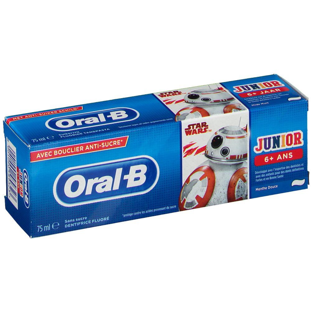 Boîte bleue et blanche Oral-B Junior 6+ avec BB-8 de Star Wars. Contient du dentifrice.