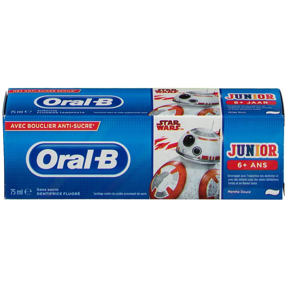 Boîte bleue et blanche Oral-B Junior 6+ avec BB-8 de Star Wars. Contient du dentifrice.