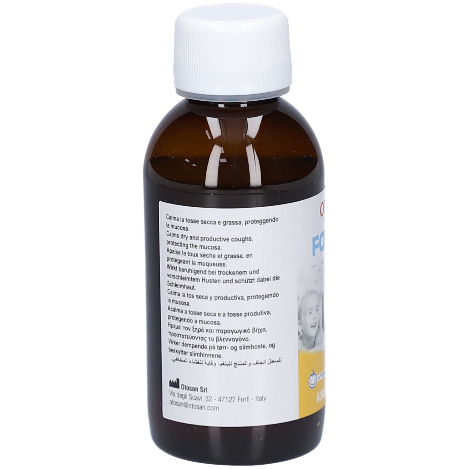 Flacon brun avec bouchon blanc. Dos avec informations multilingues sur le produit et logo.