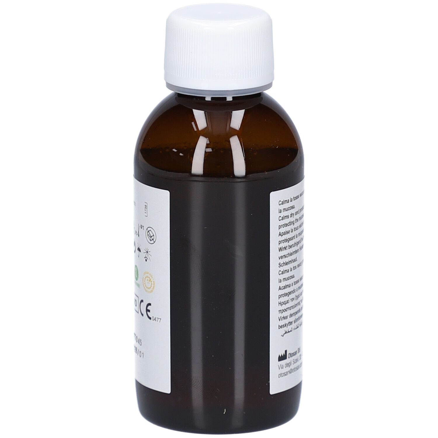 Flacon brun avec bouchon blanc. Côté avec symboles et certifications. Marquage CE.
