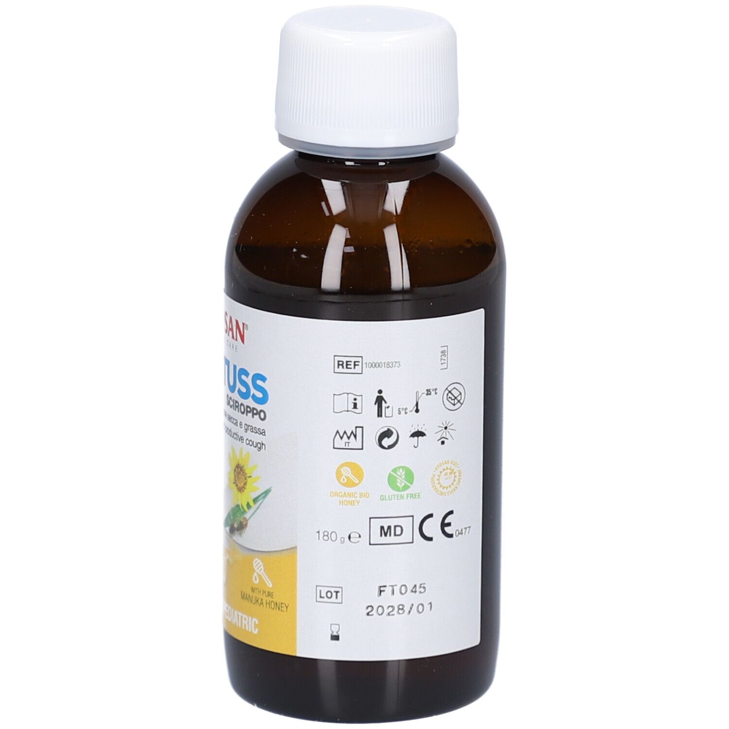 Flacon brun avec bouchon blanc. Étiquette avec informations produit, symboles et marquage CE.