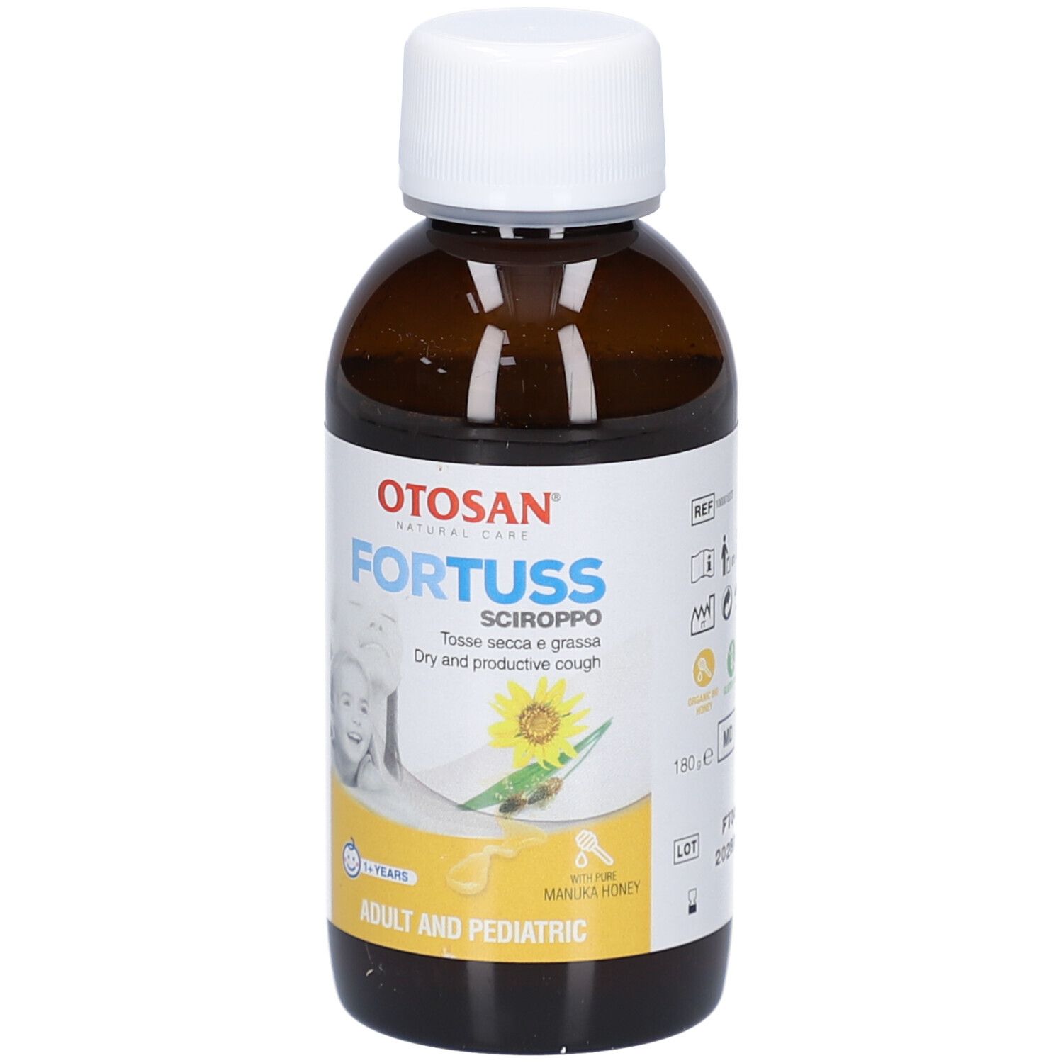 Flacon brun avec bouchon blanc. Étiquette avec nom du produit, tournesol et enfant. Pour adultes et enfants.
