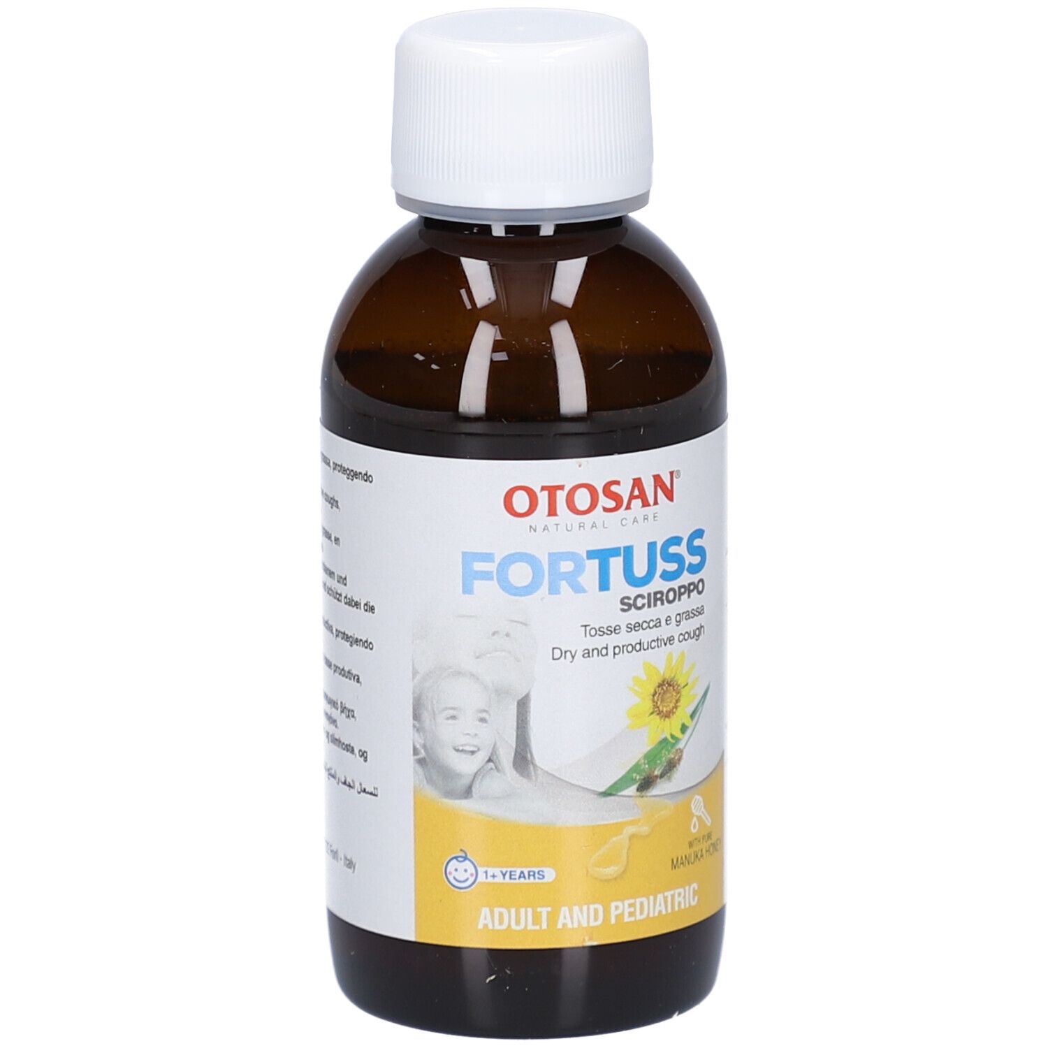 Flacon brun avec bouchon blanc. Étiquette avec nom du produit, tournesol et enfant. Pour adultes et enfants.