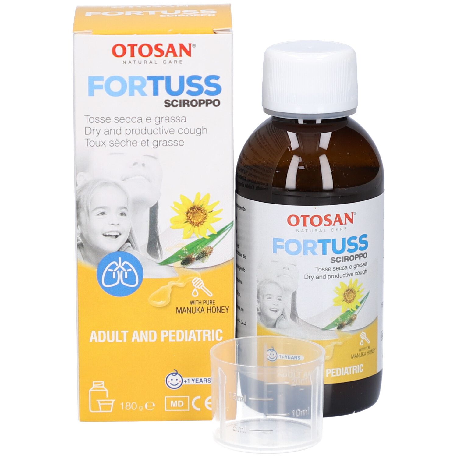 Flacon et boîte du produit. Flacon avec bouchon blanc. Boîte avec nom du produit et enfant. Verre doseur.