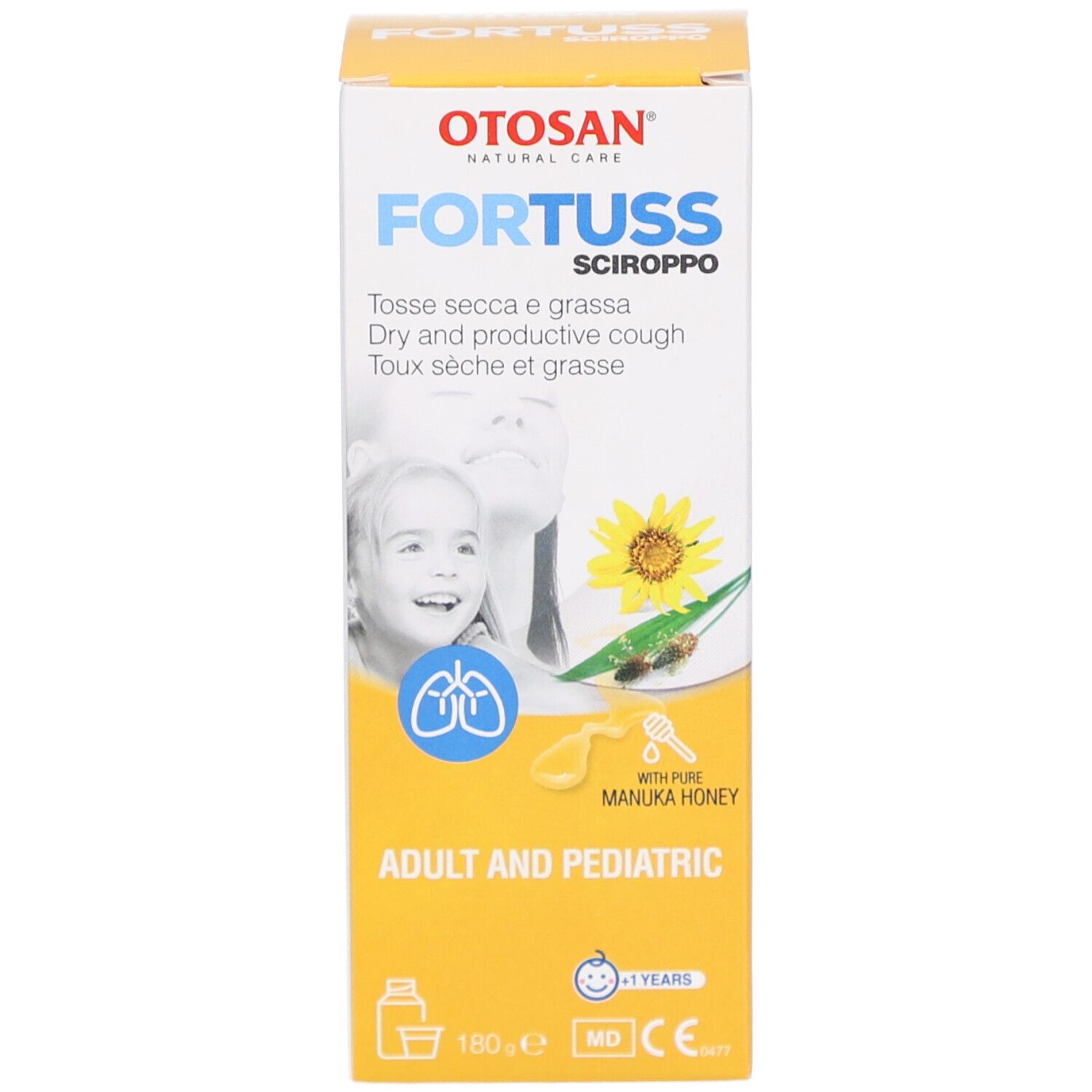 Emballage du produit. Boîte avec nom du produit, enfant et tournesol. Pour adultes et enfants.
