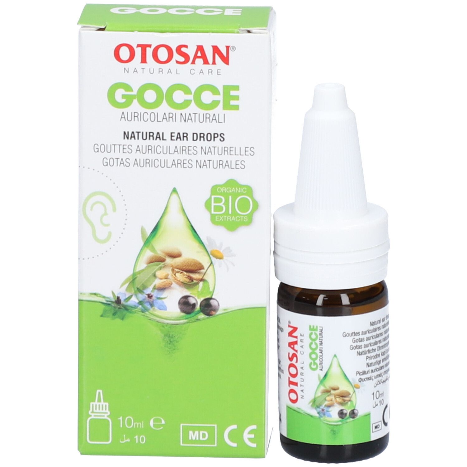 Emballage et flacon. Inscription: Otosan Gocce Auricolari Naturali. Illustration de plantes et d'une oreille.