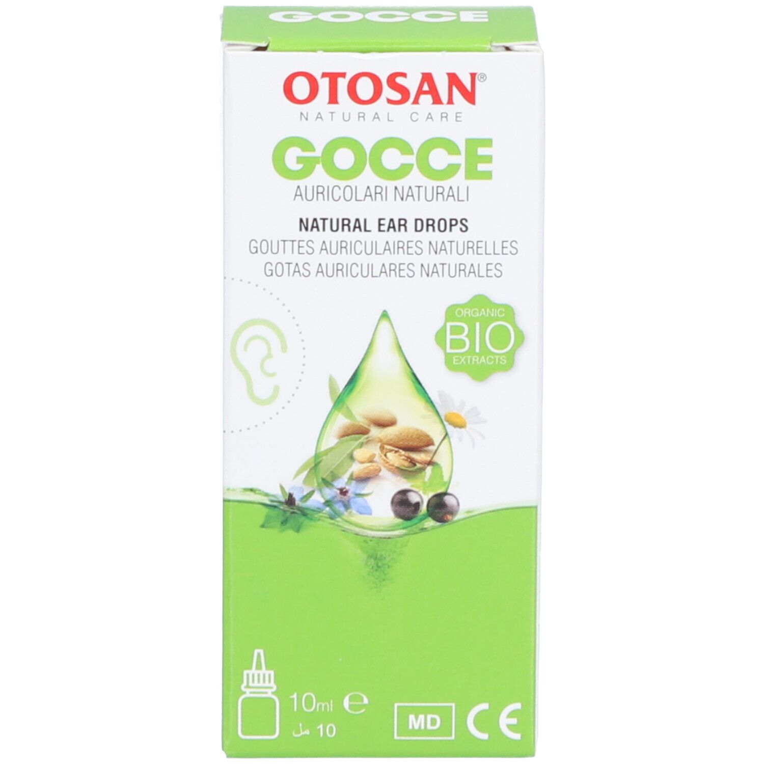 Emballage du produit. Inscription: Otosan Gocce Auricolari Naturali. Illustration de plantes et d'une oreille. Avec label bio.