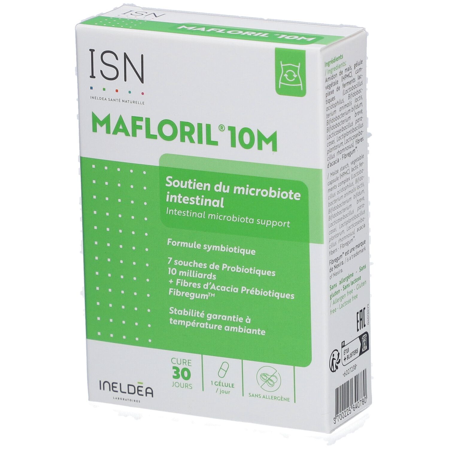 Boîte ISN Mafloril 10M. Emballage vert et blanc. Texte: soutien du microbiote intestinal.
