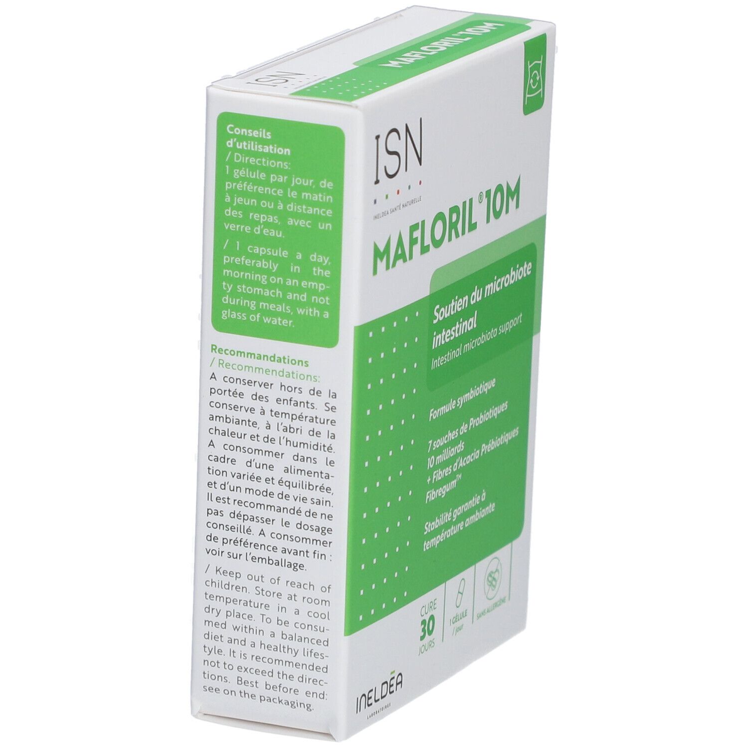 Boîte ISN Mafloril 10M. Texte: soutien du microbiote intestinal. 30 gélules.
