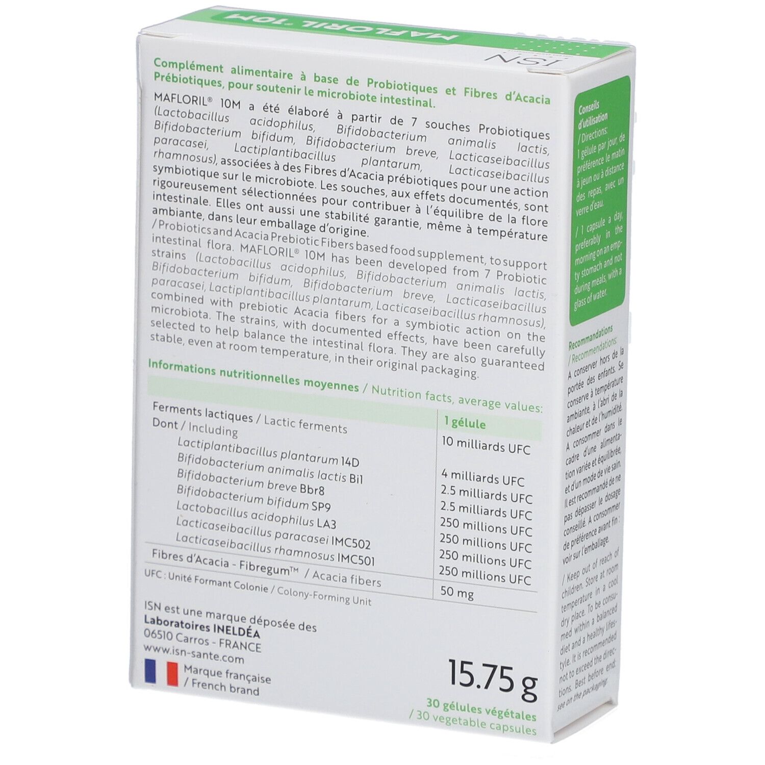 Dos de la boîte ISN Mafloril 10M. Texte et ingrédients.