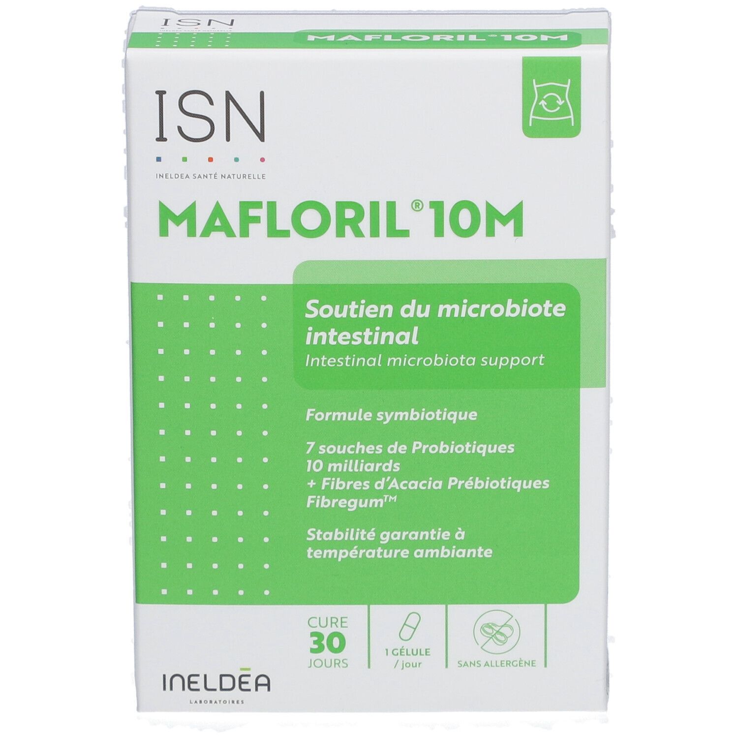 Boîte ISN Mafloril 10M. Emballage vert et blanc. Texte: soutien du microbiote intestinal.