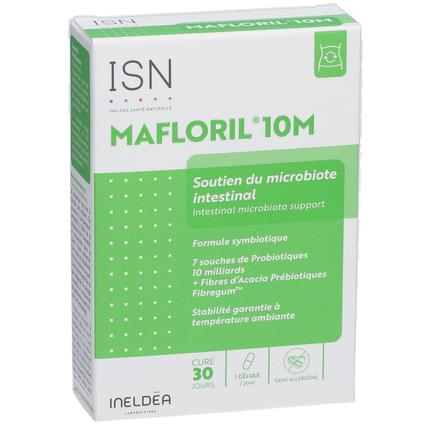 Boîte ISN Mafloril 10M. Emballage vert et blanc. Texte: soutien du microbiote intestinal.