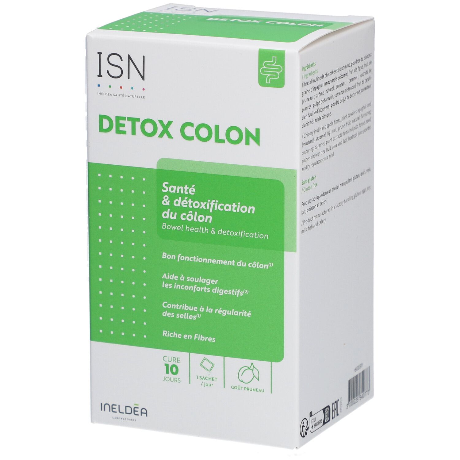 Boîte blanche et verte "Détox Colon". Contient 10 sachets. Texte: Santé & détoxification du côlon. Riche en fibres.