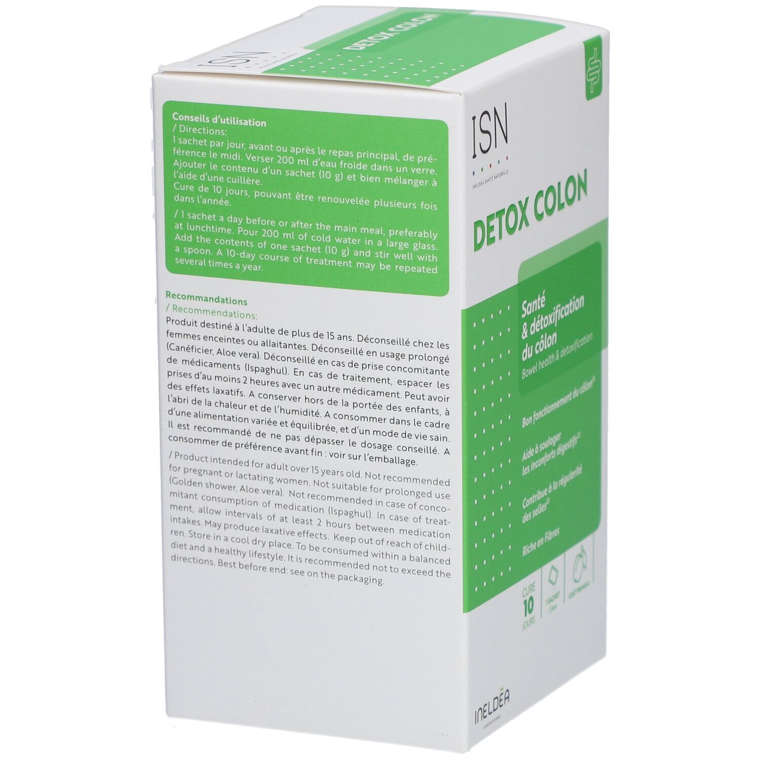 Dos de la boîte blanche et verte. Textes: Conseils d'utilisation, recommandations, ingrédients. Marque: ISN.