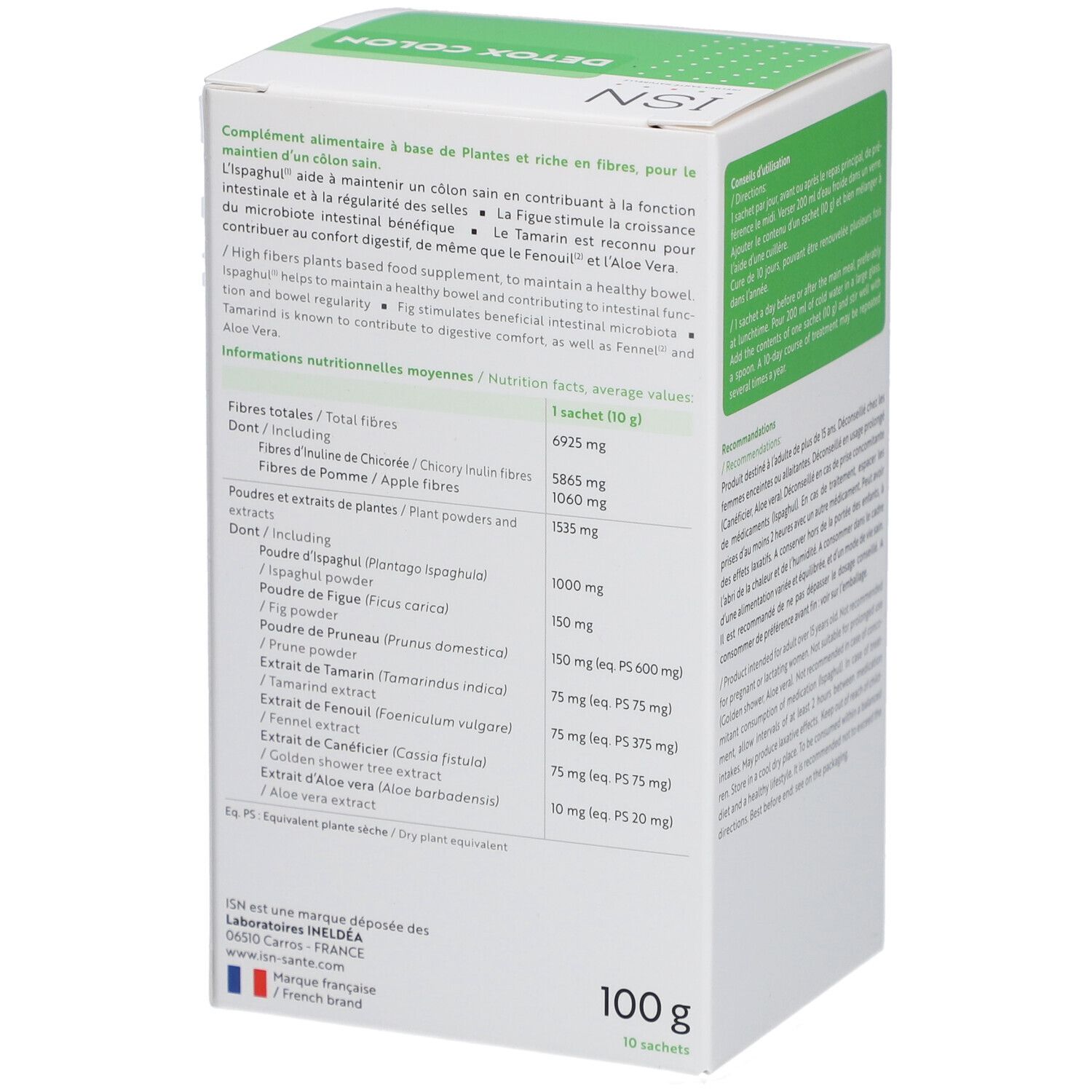 Côté de la boîte blanche et verte. Textes: Ingrédients, valeurs nutritionnelles, 100g. Marque: ISN. Fabriqué en France.