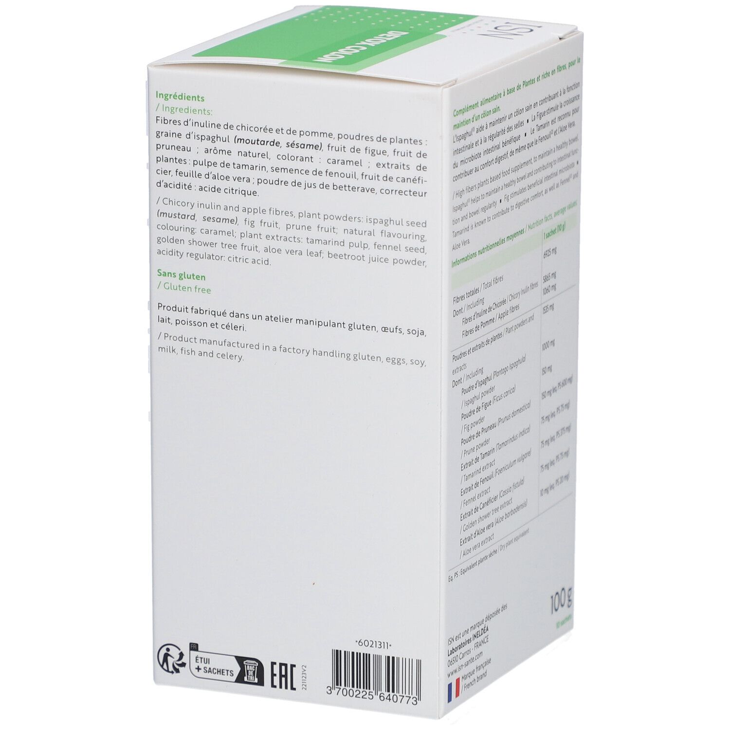 Dos de la boîte blanche et verte. Textes: Ingrédients, sans gluten, 100g. Marque: ISN. Fabriqué en France.