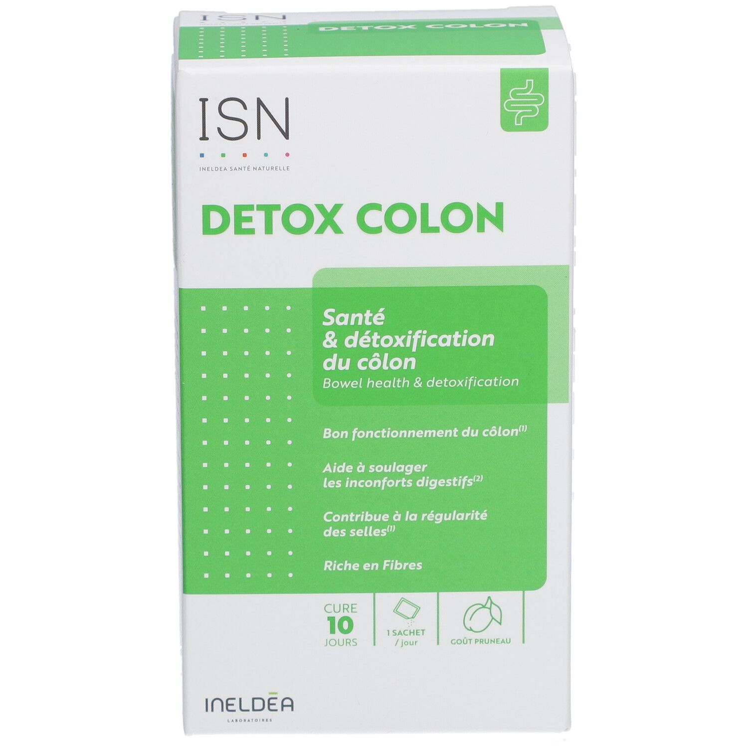 Boîte blanche et verte "Détox Colon". Contient 10 sachets. Texte: Santé & détoxification du côlon. Riche en fibres.