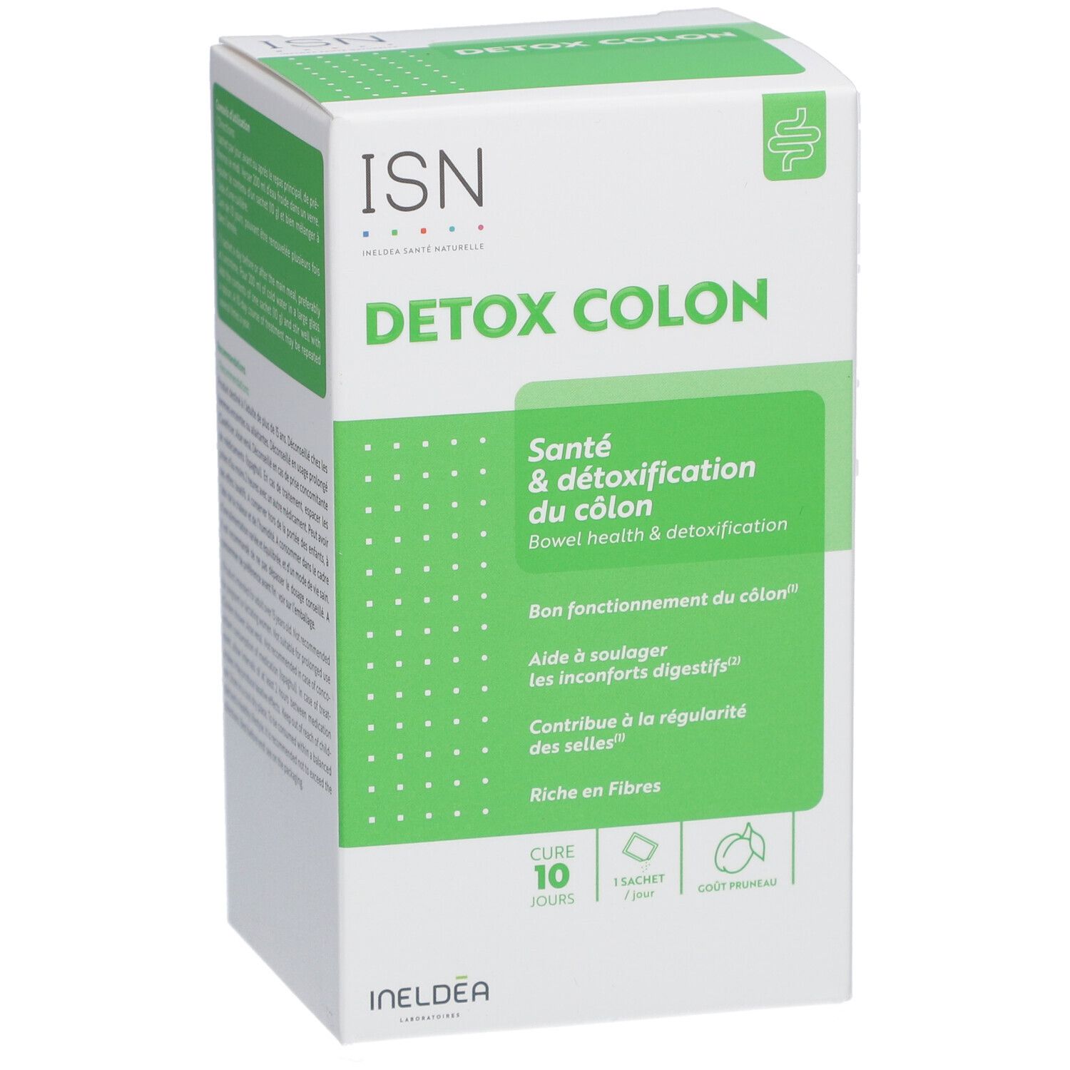 Boîte blanche et verte "Détox Colon". Contient 10 sachets. Texte: Santé & détoxification du côlon. Riche en fibres.