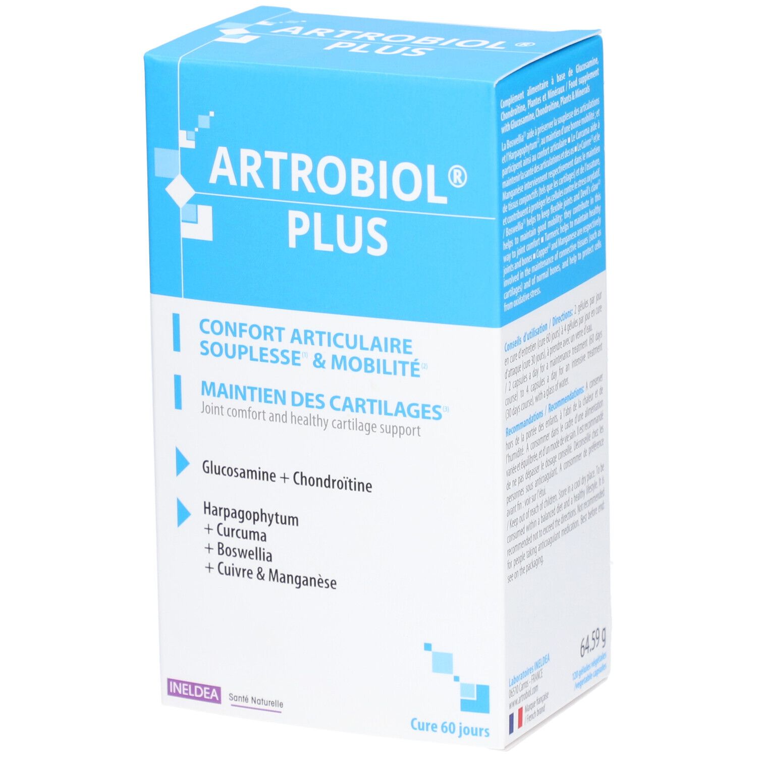 Boîte Artrobiol Plus. Détail des ingrédients et du nom du produit. Vue rapprochée.
