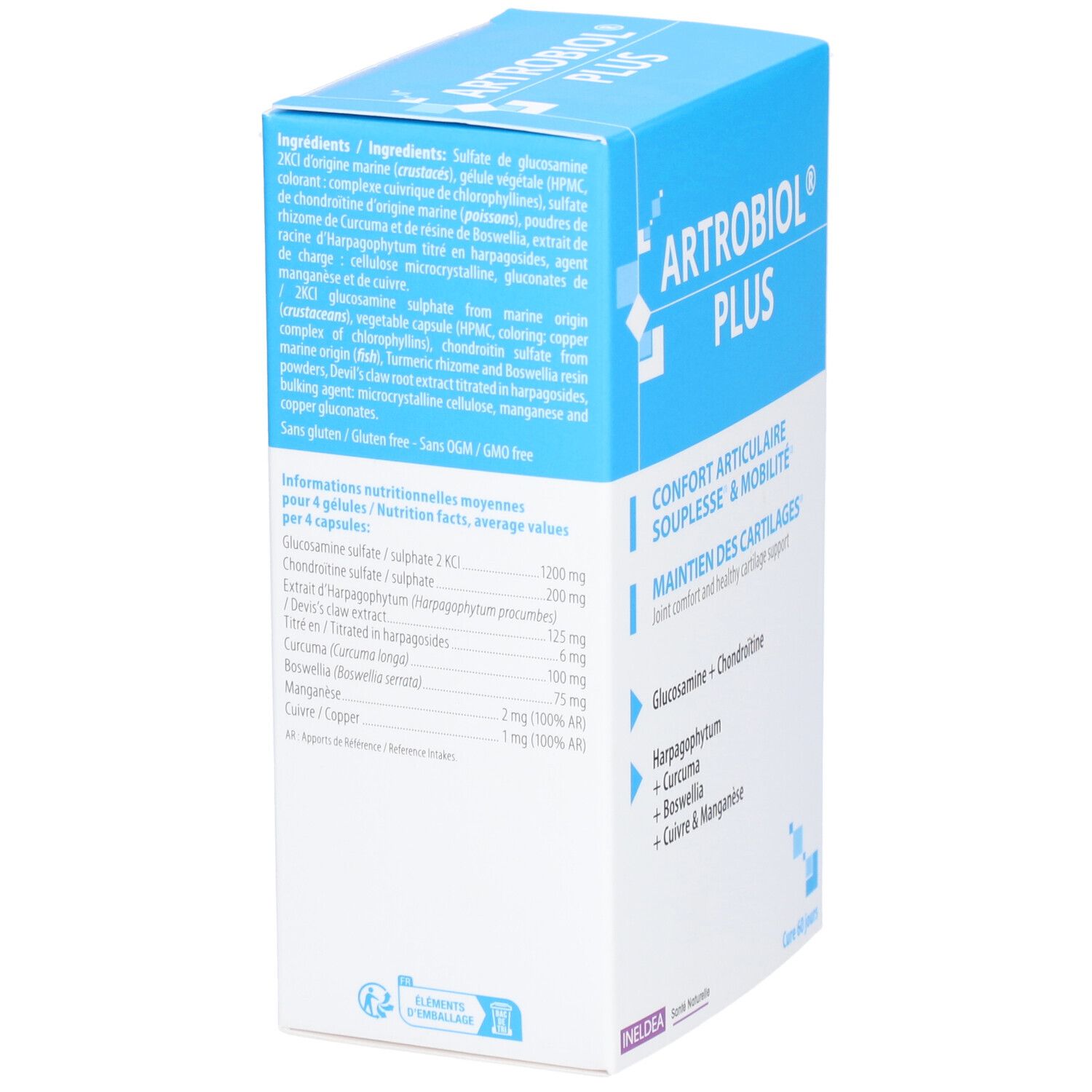 Boîte Artrobiol Plus. Détail des ingrédients et du nom du produit. Vue rapprochée.