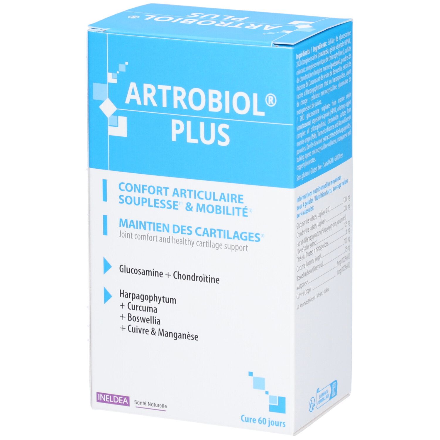Boîte Artrobiol Plus. Détail des ingrédients et du nom du produit. Vue rapprochée.