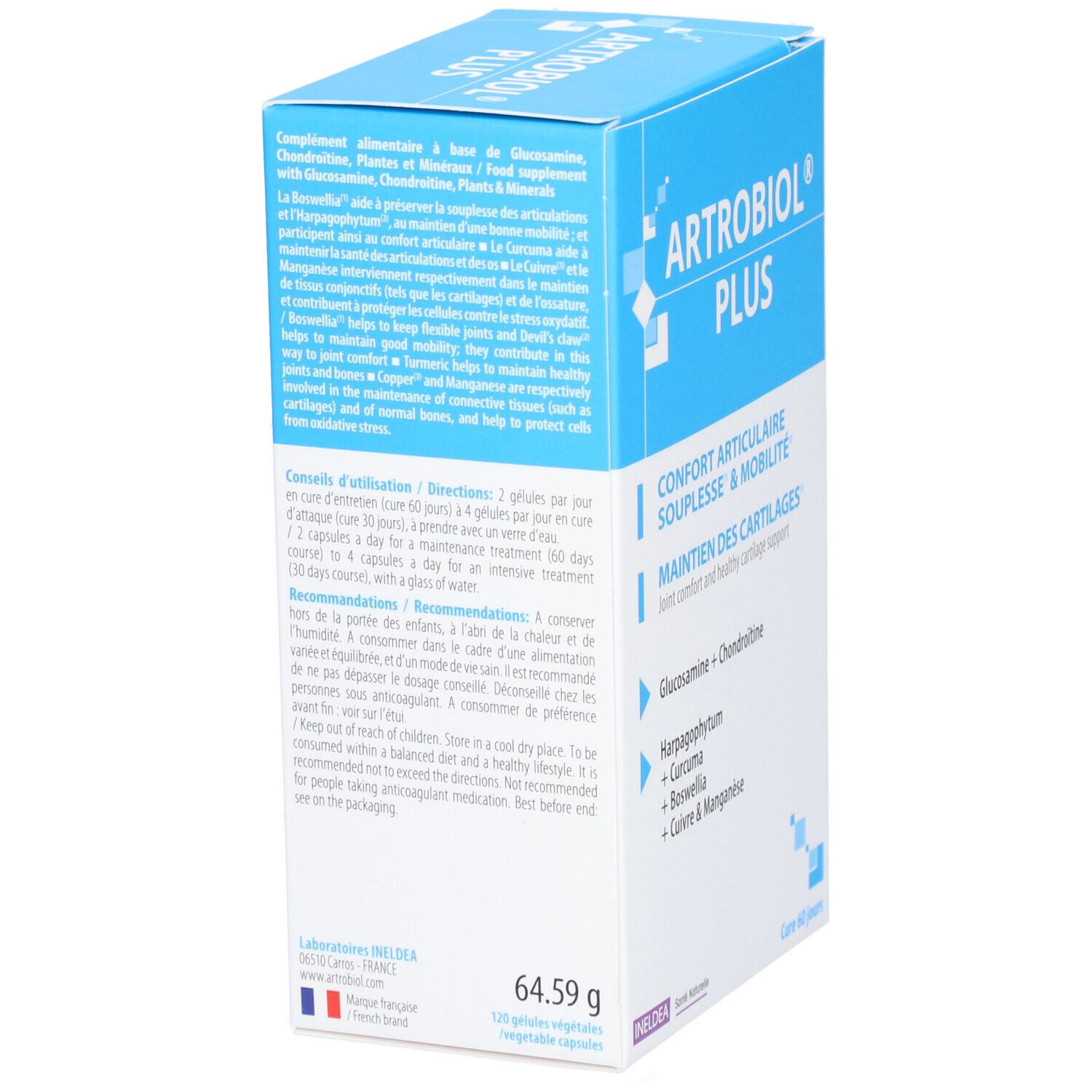 Boîte Artrobiol Plus. Détail des ingrédients et du nom du produit. Vue rapprochée.