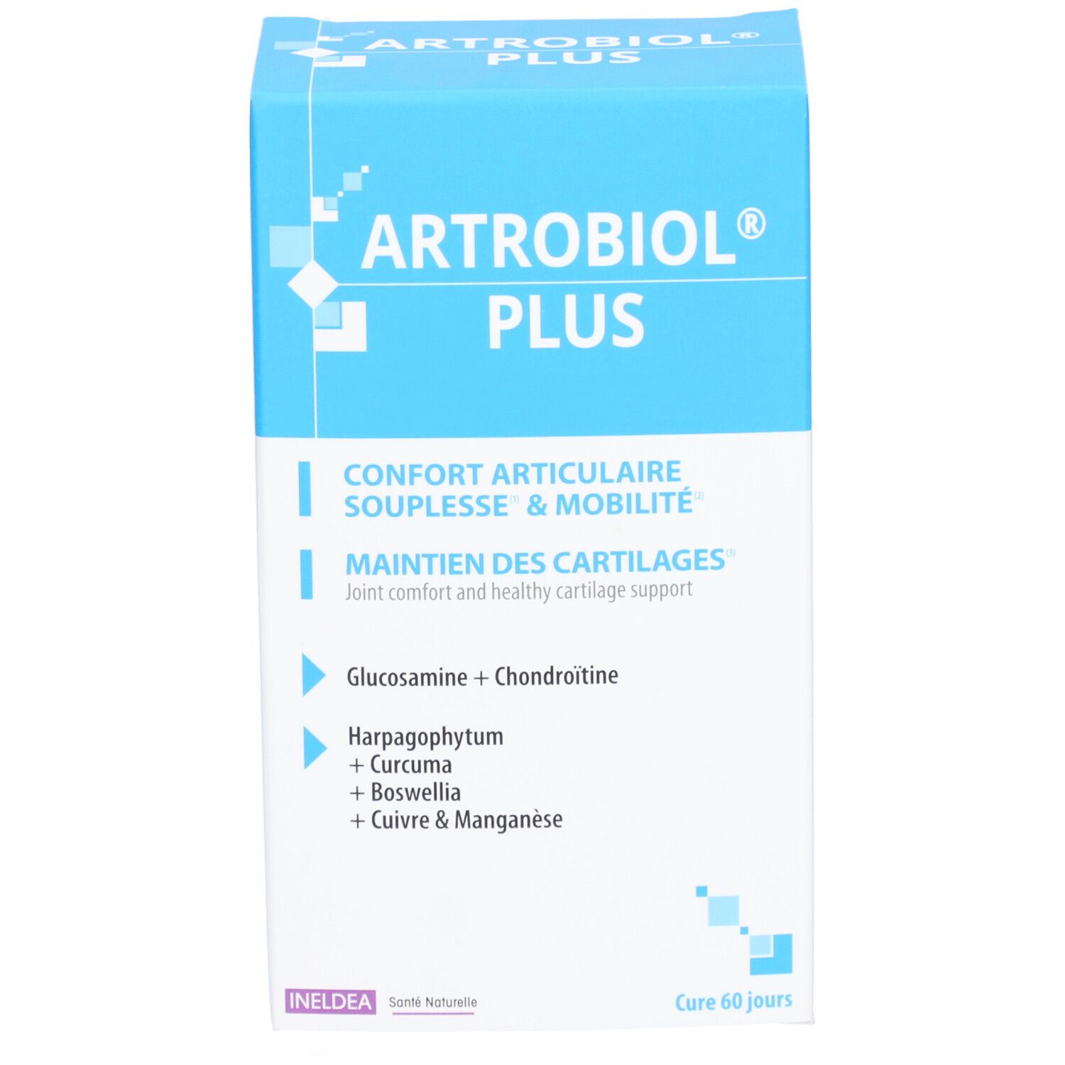 Boîte Artrobiol Plus. Détail des ingrédients et du nom du produit. Vue rapprochée.