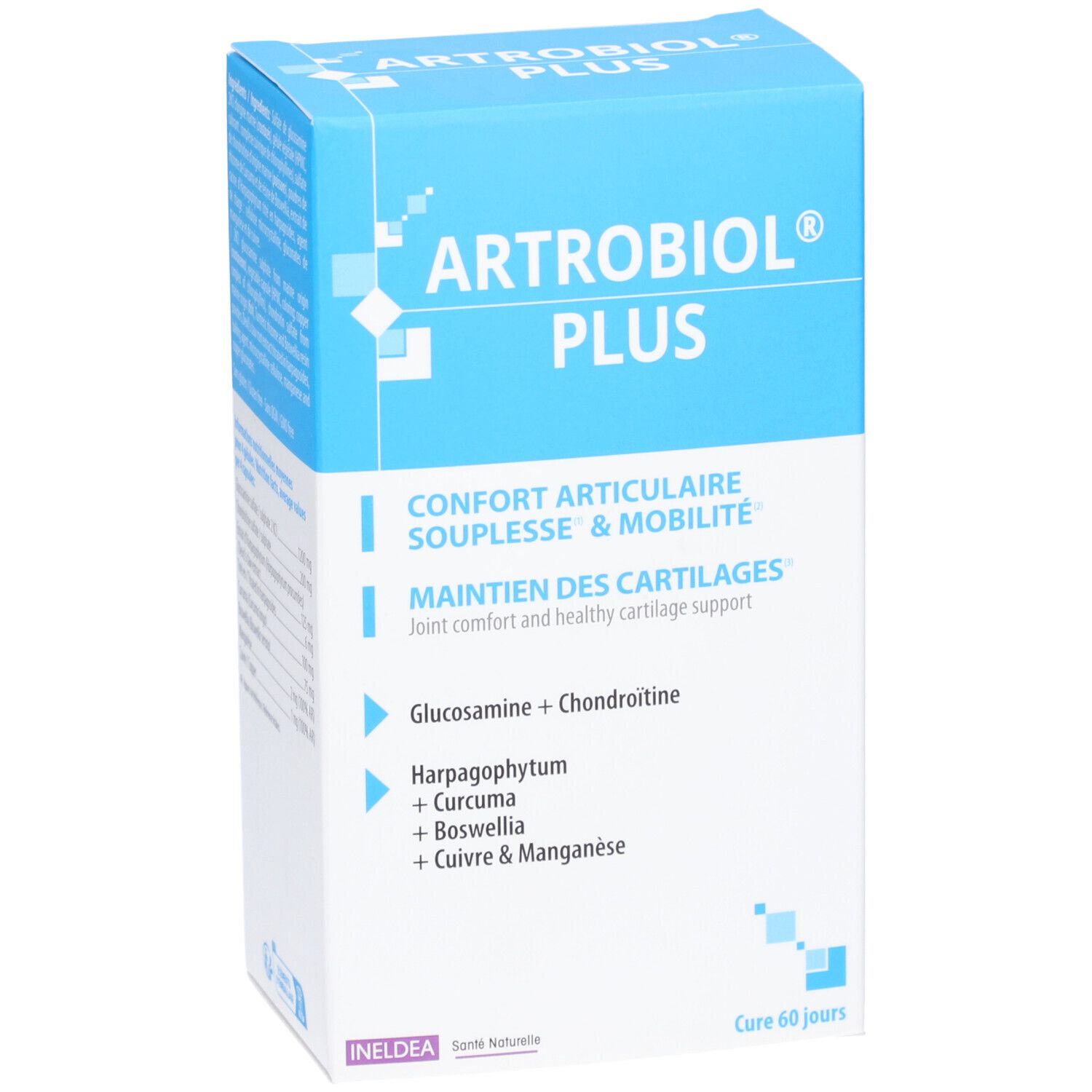 Boîte Artrobiol Plus. Détail des ingrédients et du nom du produit. Vue rapprochée.