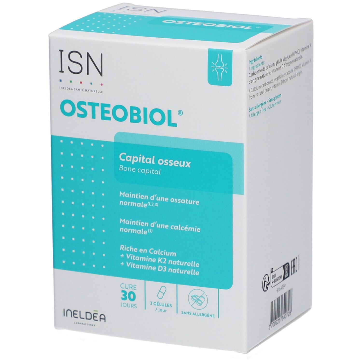 Boîte Osteobiol. Carton blanc et bleu. Contient des gélules. Texte: ISN, Osteobiol, Capital osseux, cure 30 jours.