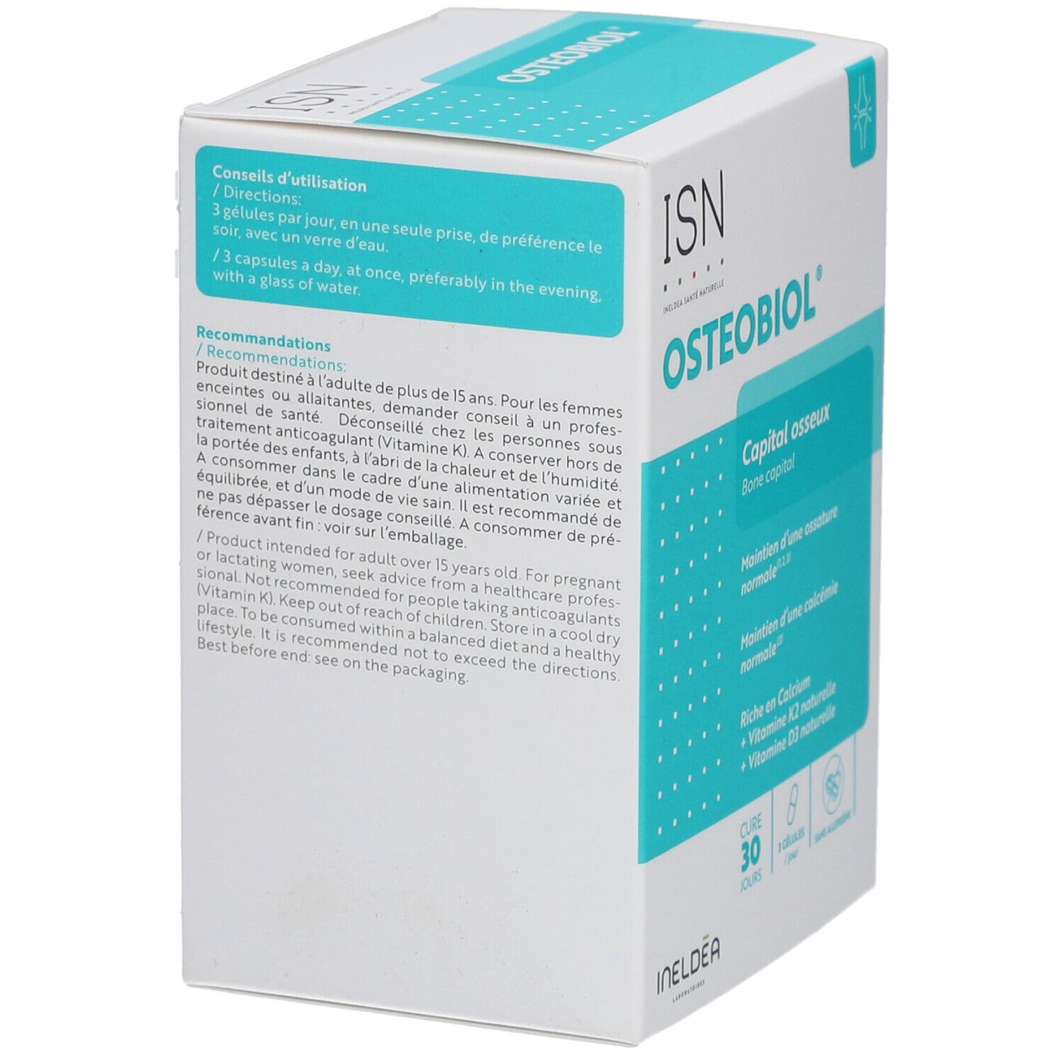 Boîte Osteobiol. Carton blanc et bleu. Contient des gélules. Texte: ISN, Osteobiol, Capital osseux, cure 30 jours.