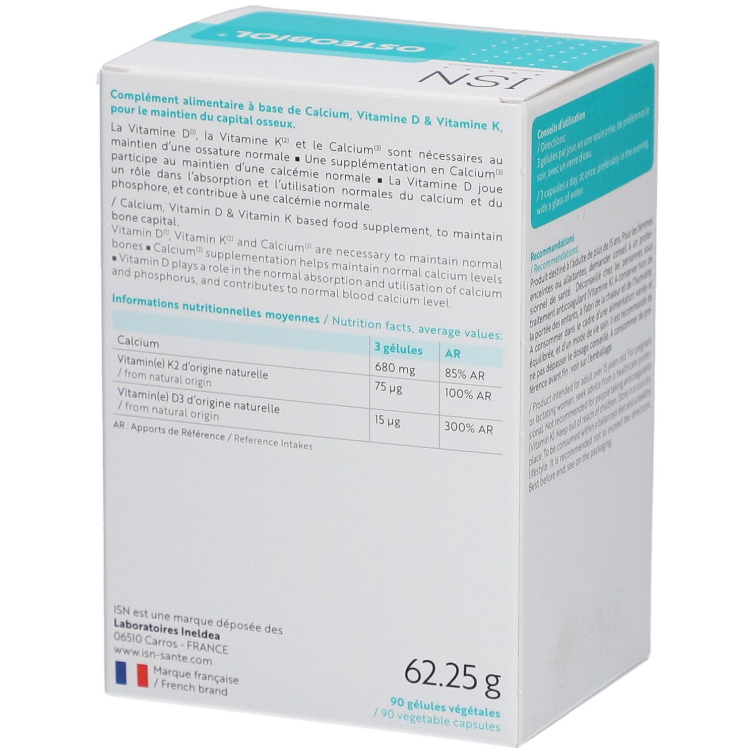 Boîte Osteobiol. Carton blanc et bleu. Contient des gélules. Texte: ISN, Osteobiol, Capital osseux, cure 30 jours.
