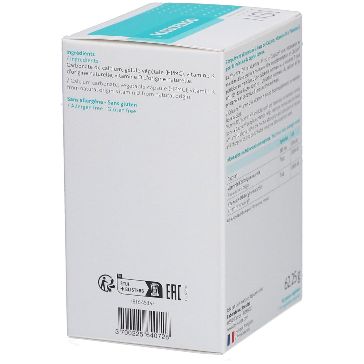 Boîte Osteobiol. Carton blanc et bleu. Contient des gélules. Texte: ISN, Osteobiol, Capital osseux, cure 30 jours.