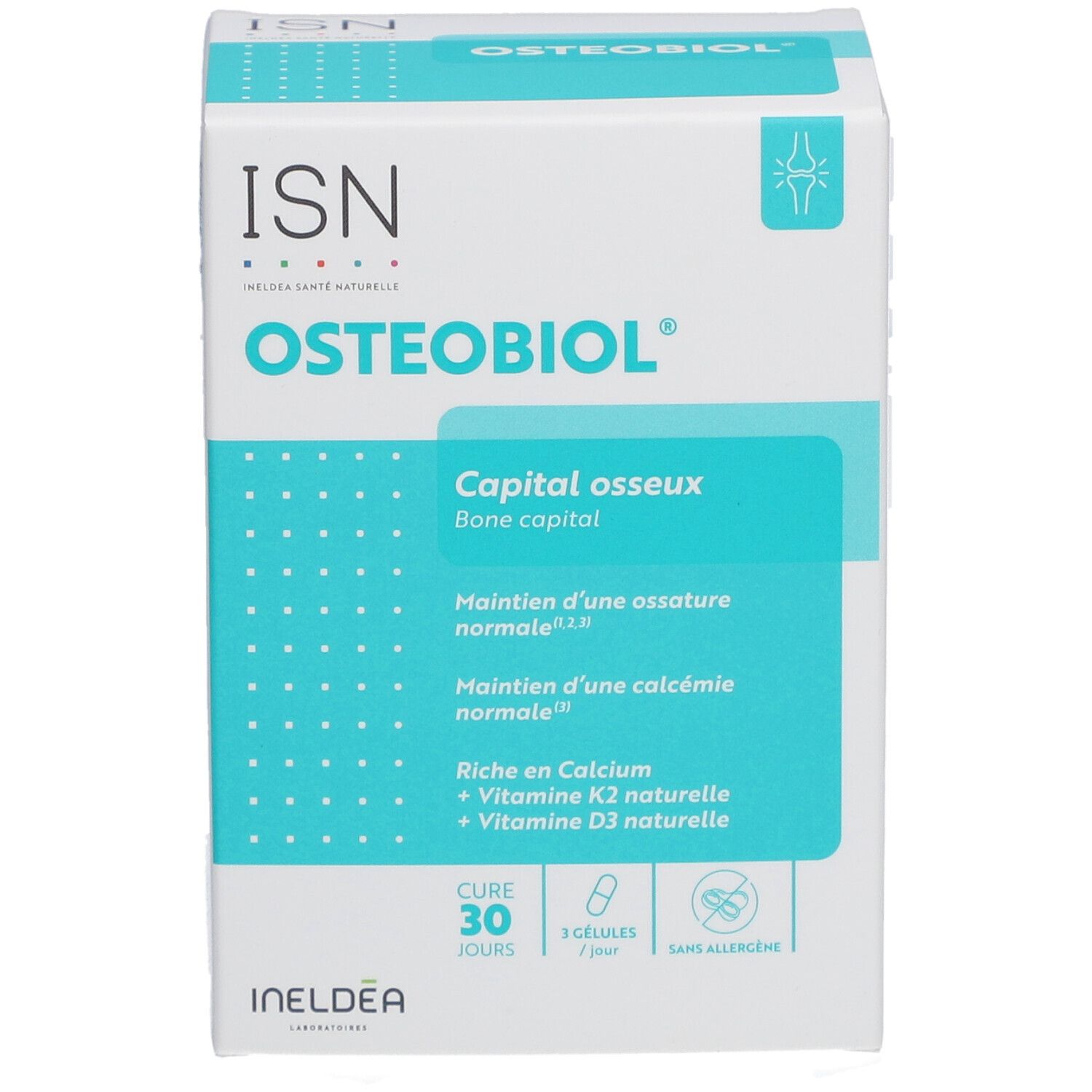 Boîte Osteobiol. Carton blanc et bleu. Contient des gélules. Texte: ISN, Osteobiol, Capital osseux, cure 30 jours.