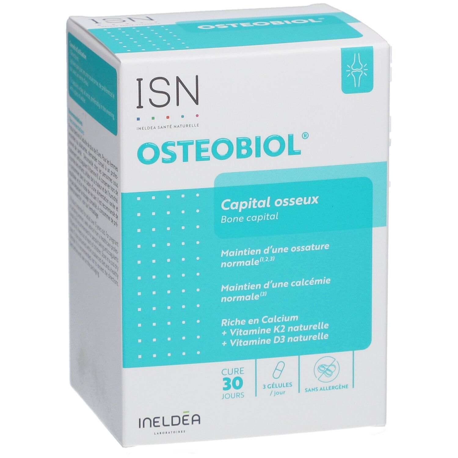 Boîte Osteobiol. Carton blanc et bleu. Contient des gélules. Texte: ISN, Osteobiol, Capital osseux, cure 30 jours.