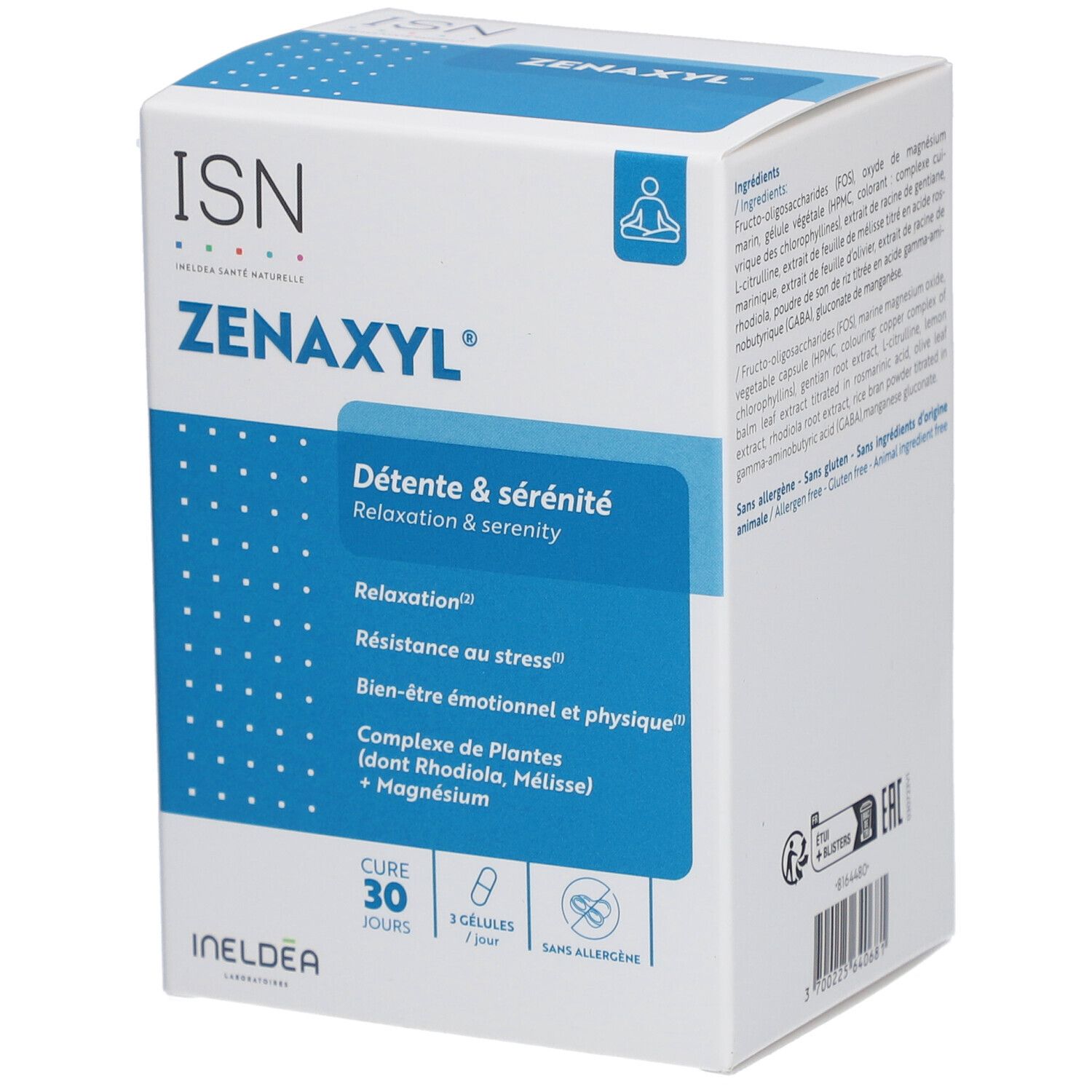 Boîte ISN Zenaxyl. Emballage bleu et blanc. Détente & sérénité, 30 gélules, sans allergène. Logos ISN et INELDEA.