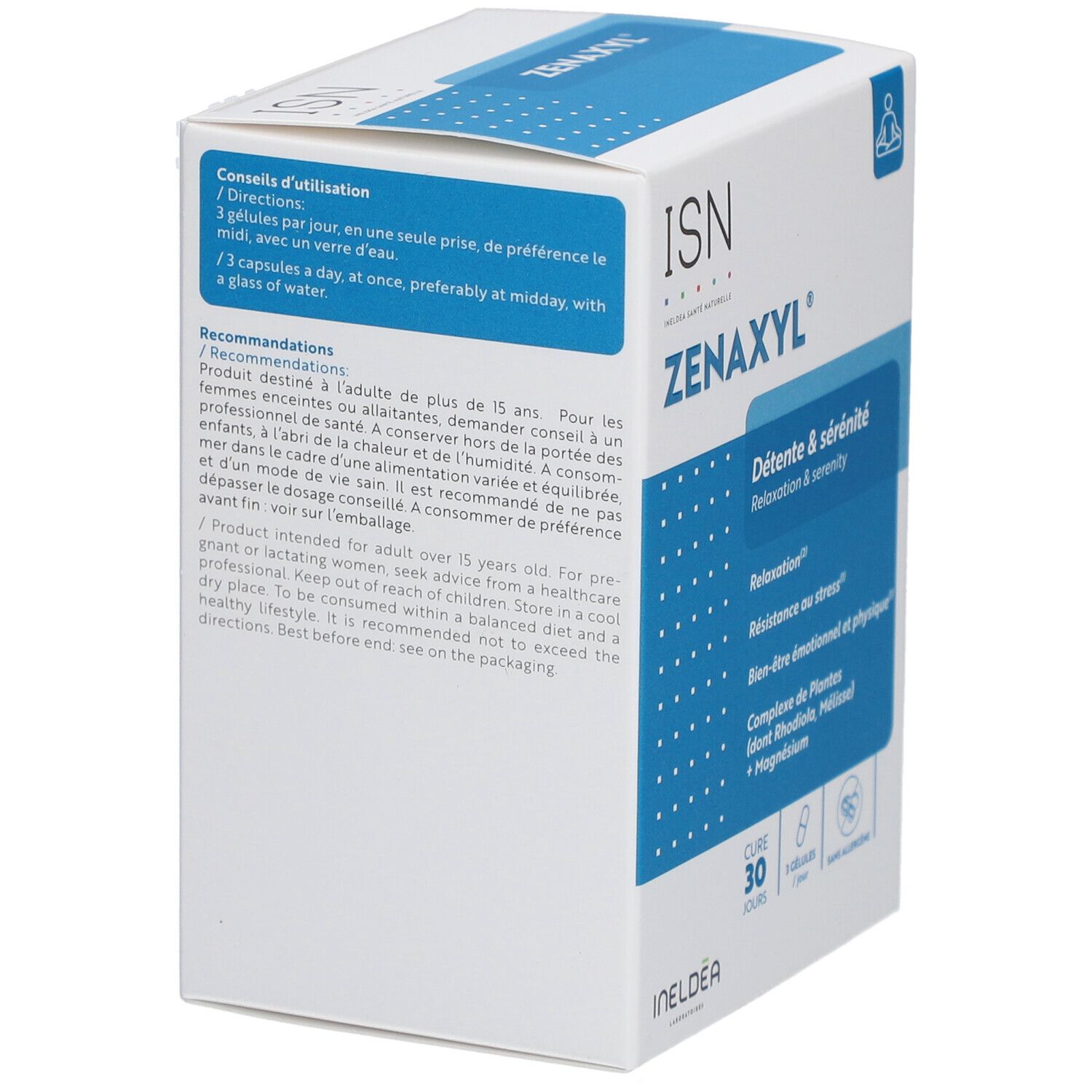 Boîte ISN Zenaxyl. Emballage bleu et blanc. Détente & sérénité, 30 gélules, sans allergène. Logos ISN et INELDEA.