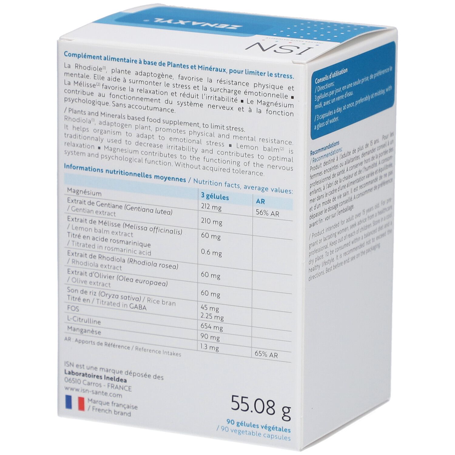 Dos de la boîte ISN Zenaxyl. Contient des informations sur les ingrédients et les valeurs nutritionnelles. Poids : 55,08 g.