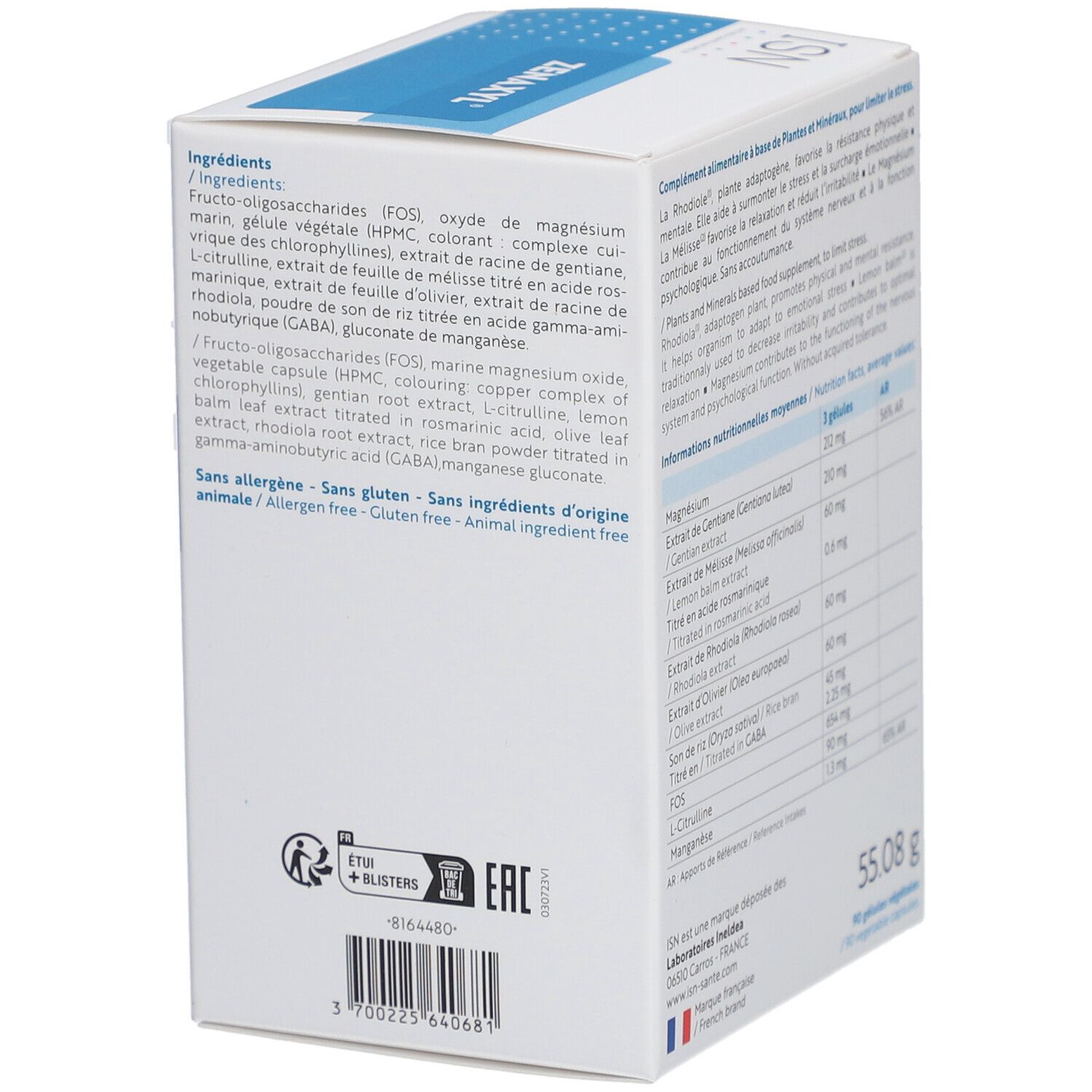 Dos de la boîte ISN Zenaxyl. Contient des informations sur les ingrédients et les valeurs nutritionnelles. Poids : 55,08 g.