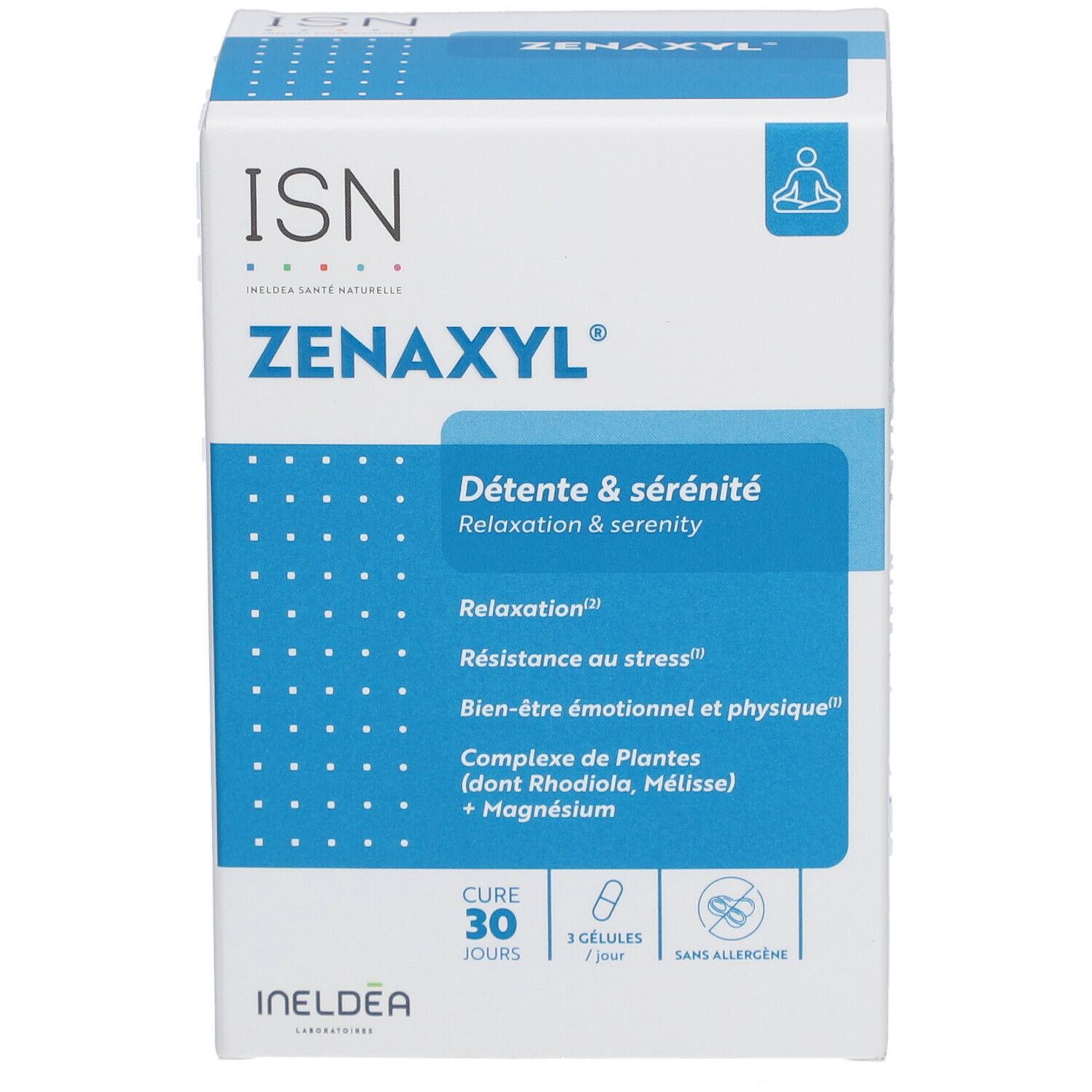 Boîte ISN Zenaxyl. Emballage bleu et blanc. Détente & sérénité, 30 gélules, sans allergène. Logos ISN et INELDEA.