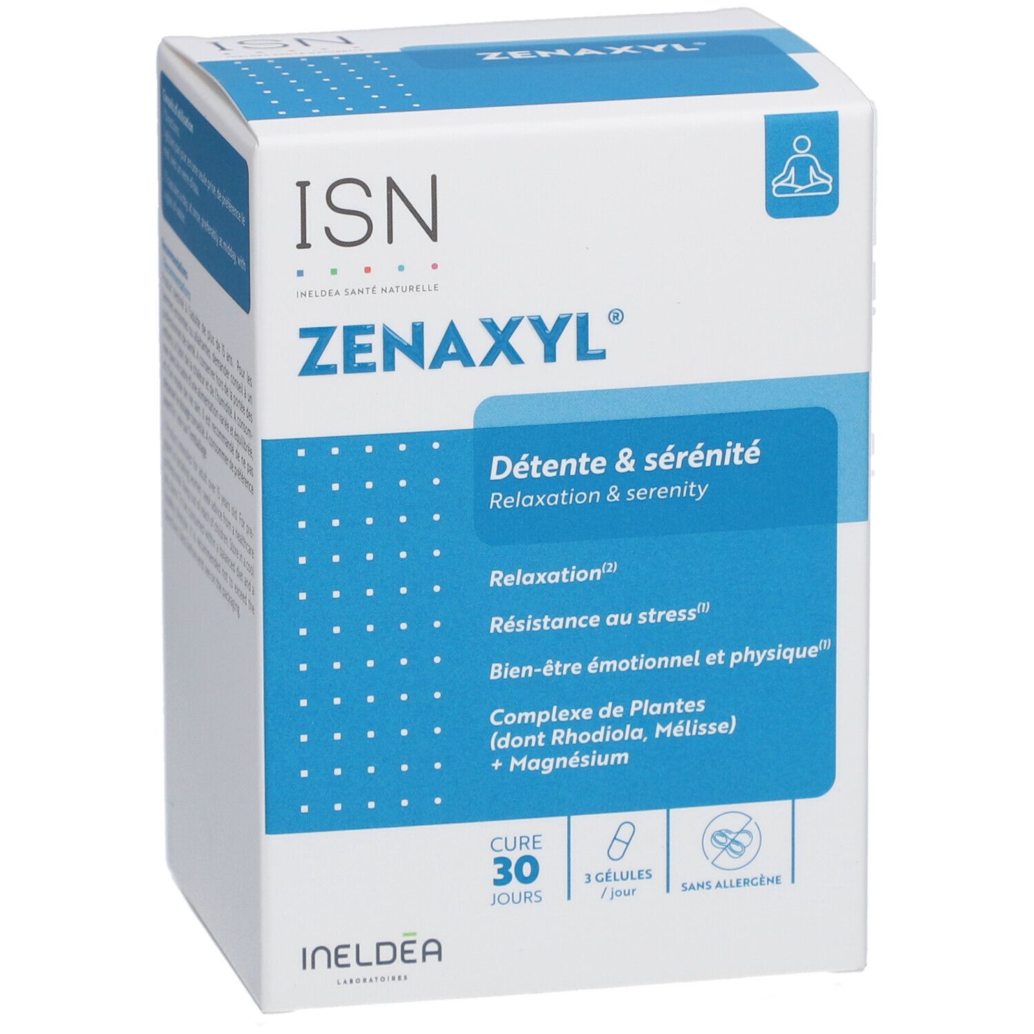 Boîte ISN Zenaxyl. Emballage bleu et blanc. Détente & sérénité, 30 gélules, sans allergène. Logos ISN et INELDEA.