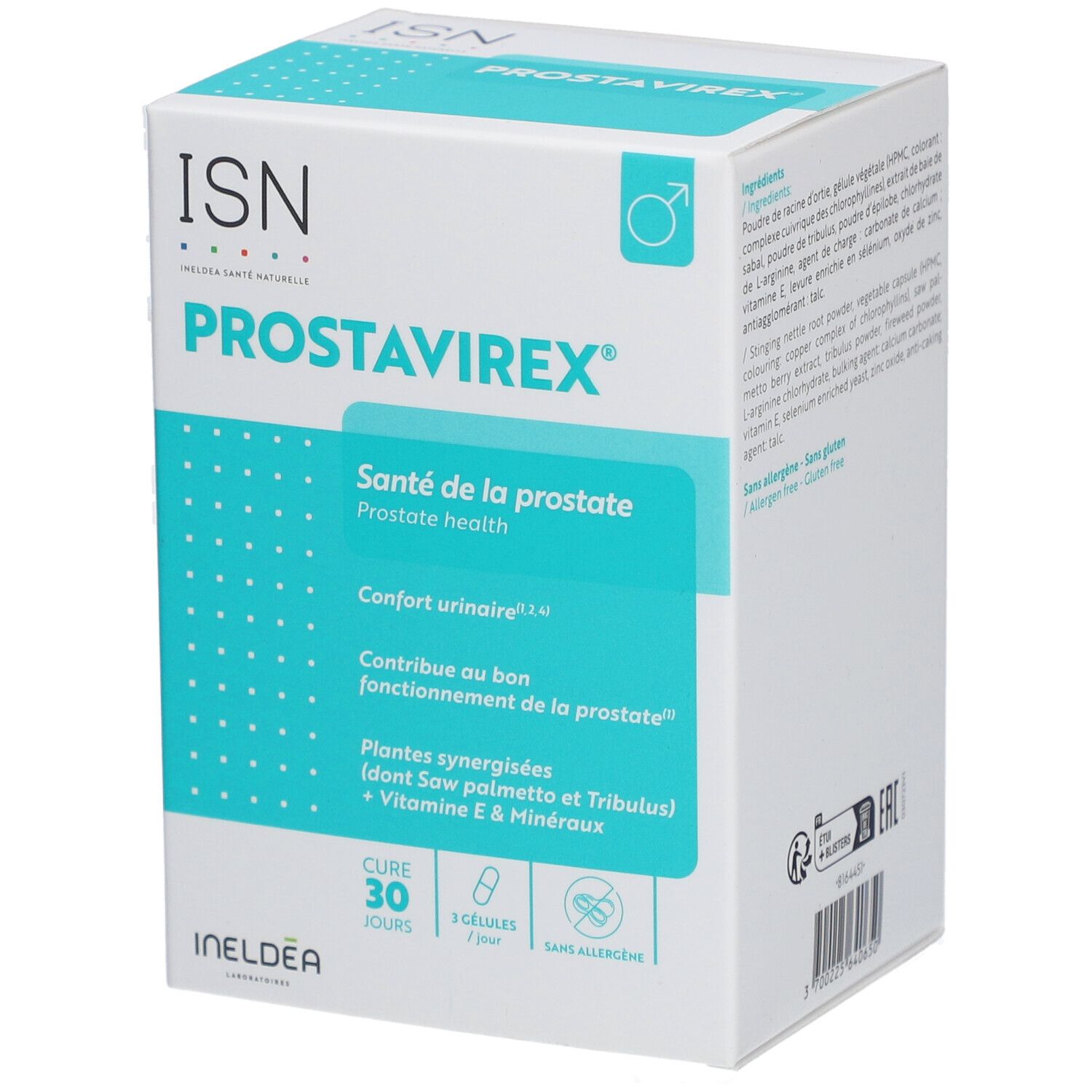Boîte blanche et verte avec logo ISN et PROSTAVIREX. Contient des gélules. Texte : Santé de la prostate, Confort urinaire.