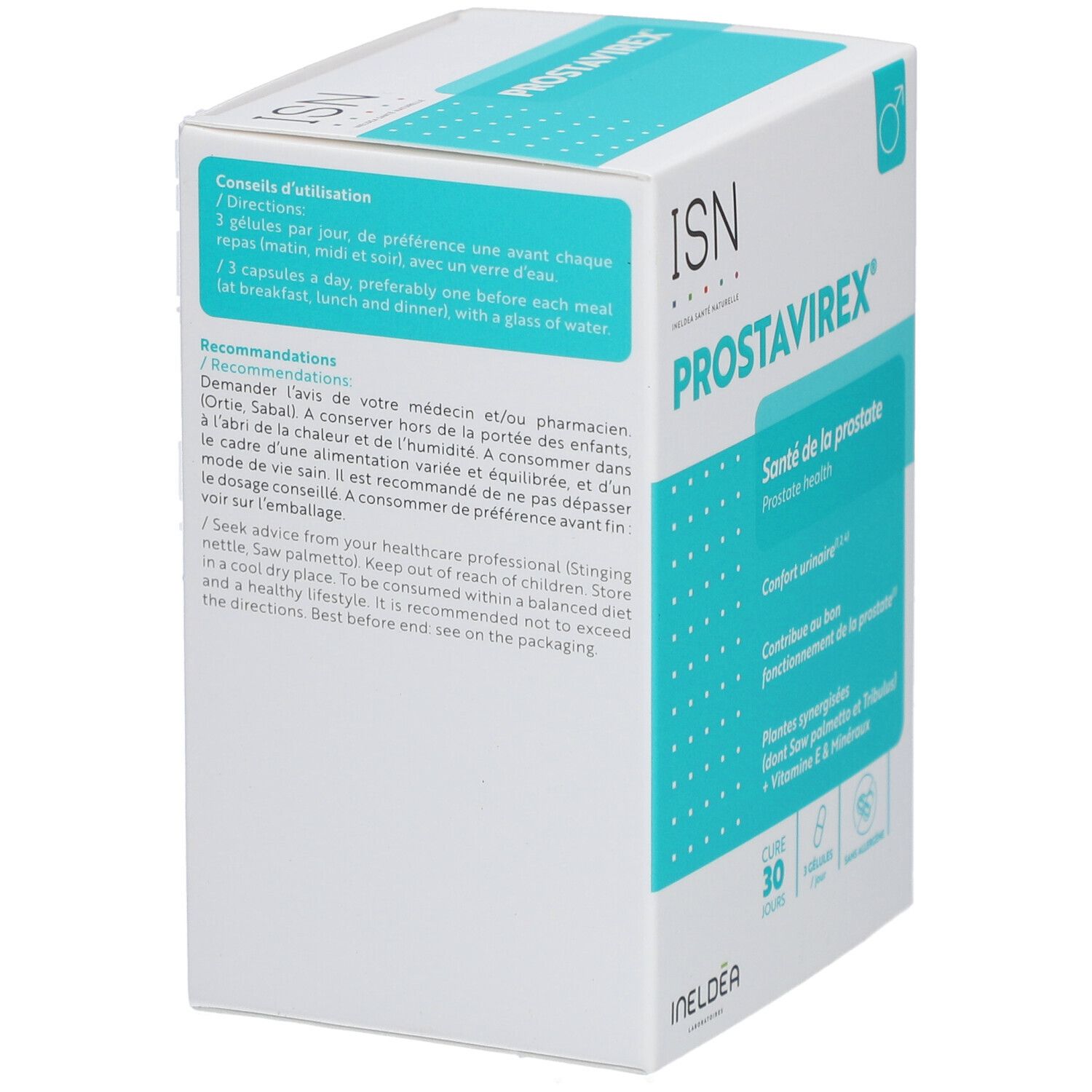 Boîte blanche et verte avec logo ISN et PROSTAVIREX. Contient des gélules. Texte : Santé de la prostate, Confort urinaire.