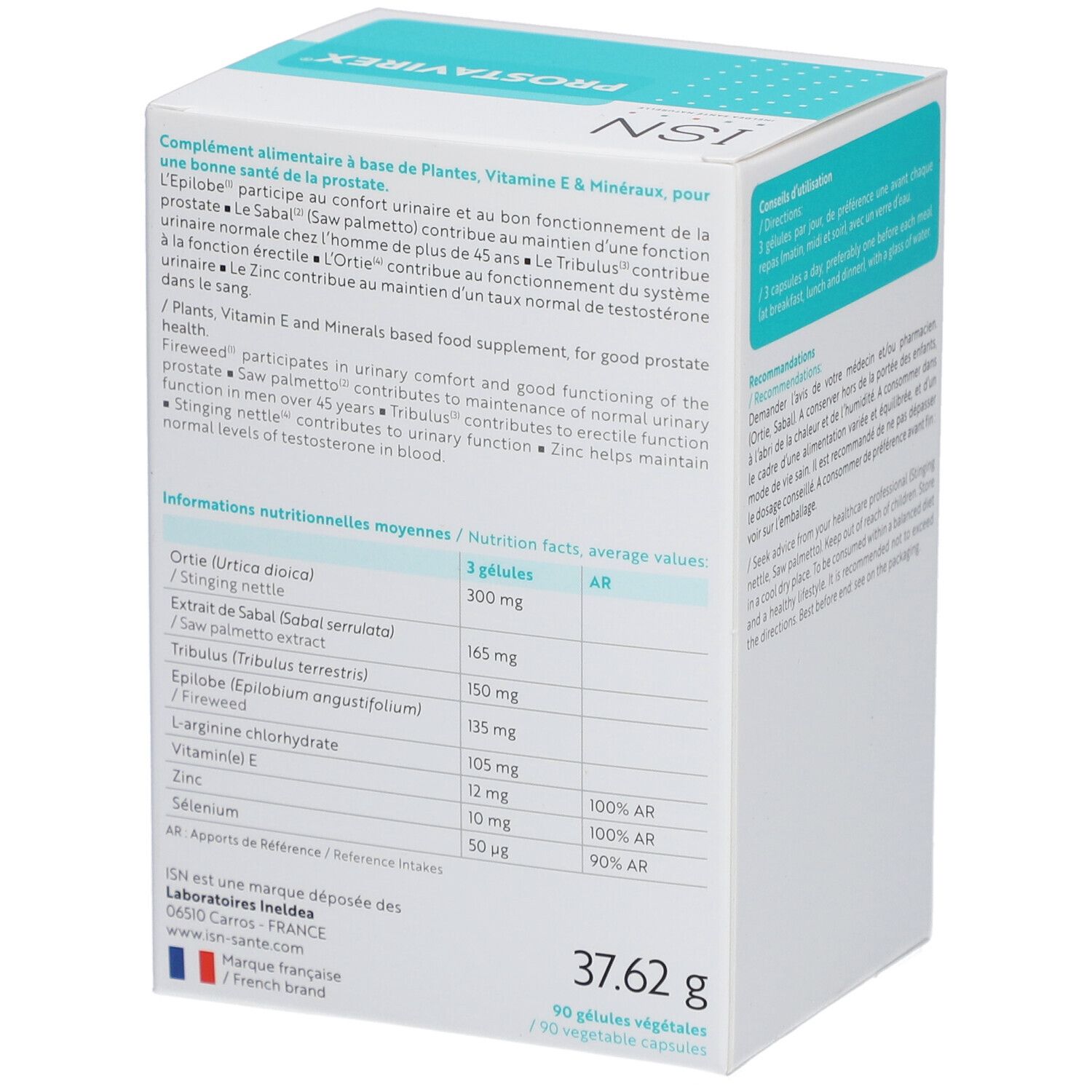Dos de la boîte blanche avec logo ISN et PROSTAVIREX. Contient des informations sur les ingrédients et les valeurs nutritionnelles. Poids : 37,62 g.