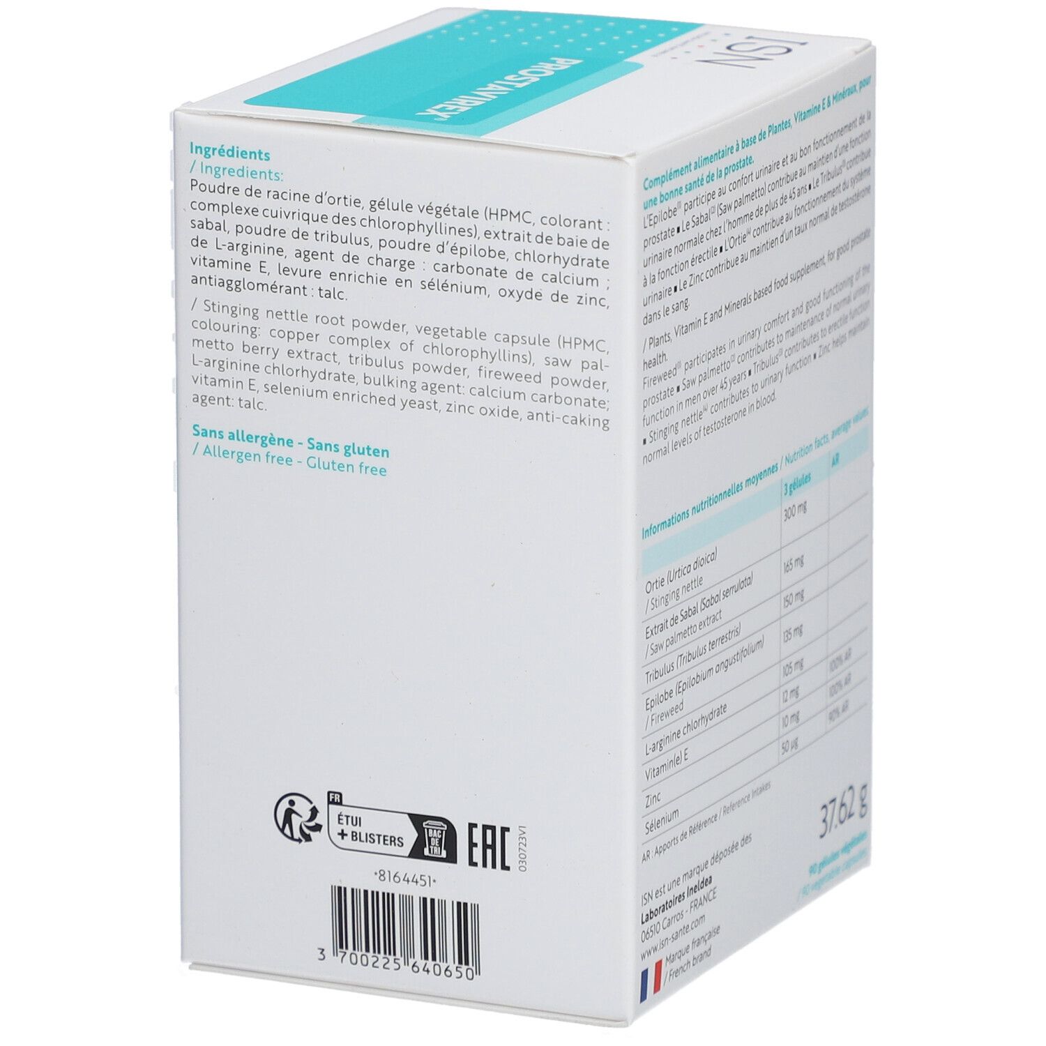 Dos de la boîte blanche avec logo ISN et PROSTAVIREX. Contient des informations sur les ingrédients et les valeurs nutritionnelles. Poids : 37,62 g.