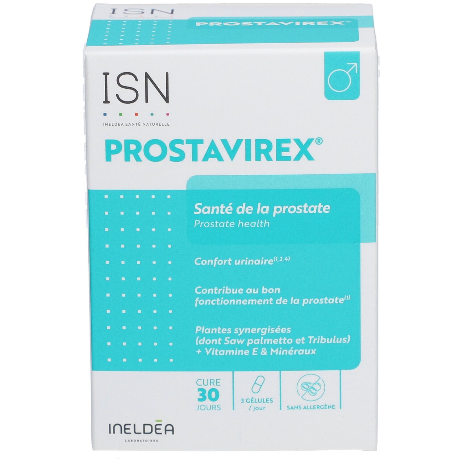 Boîte blanche et verte avec logo ISN et PROSTAVIREX. Contient des gélules pour 30 jours. Texte : Santé de la prostate.