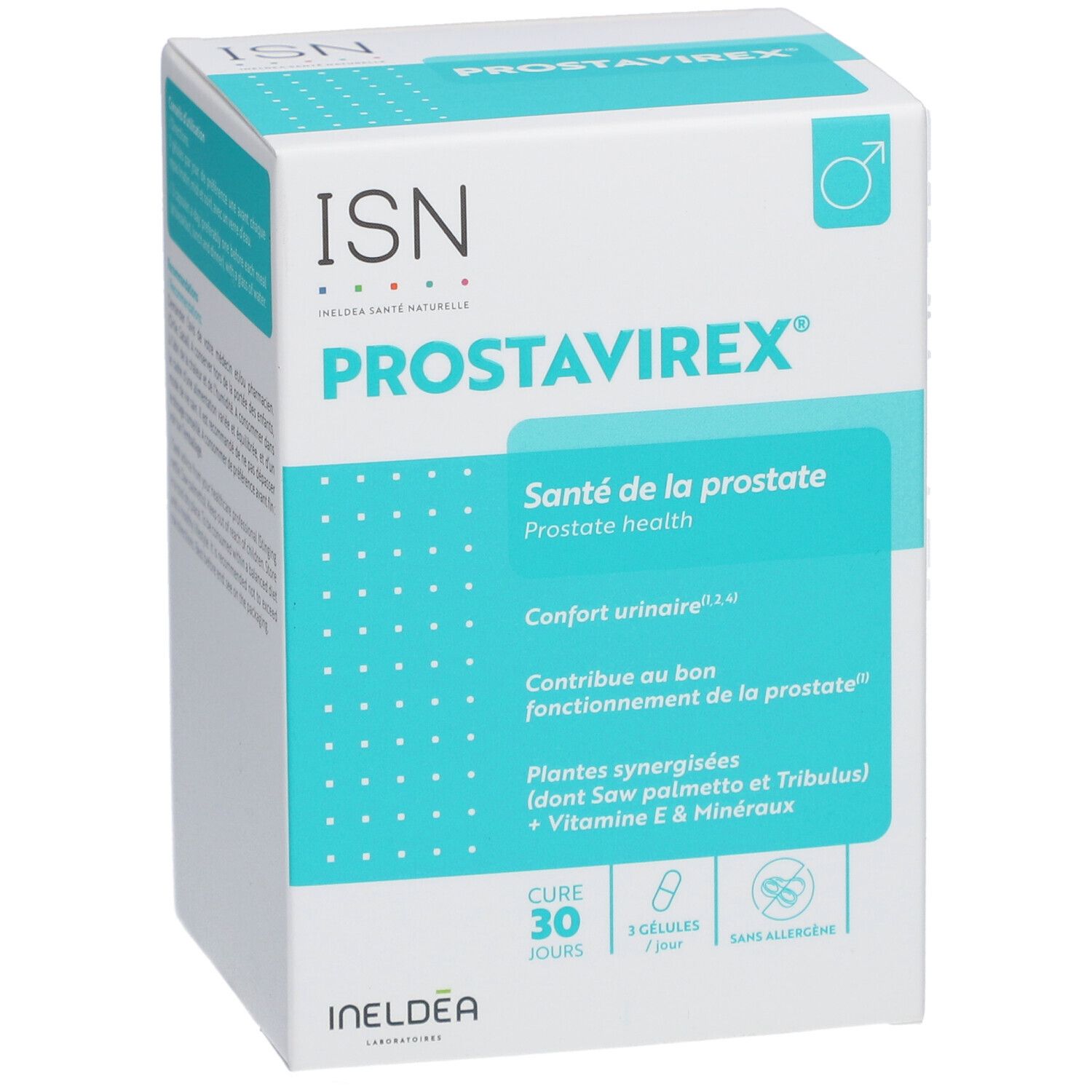 Boîte blanche et verte avec logo ISN et PROSTAVIREX. Contient des gélules pour 30 jours. Texte : Santé de la prostate.