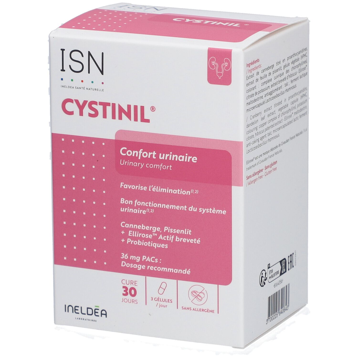 Boîte blanche et rose. Inscription ISN Cystinil. Contient 30 gélules. Texte: Confort urinaire.