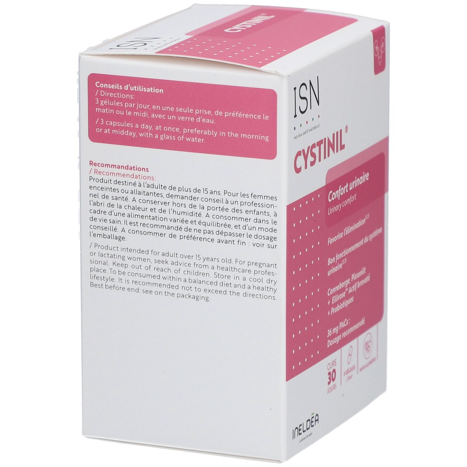 Dos de la boîte blanche. Texte: Conseils d'utilisation, Recommendations, Ingrédients. Contient 45.45g.